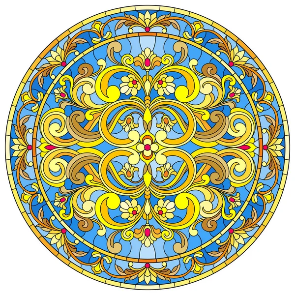 Illustratie in gebrandschilderd glas stijl, ronde spiegelbeeld met florale ornamenten en swirls — Stockvector