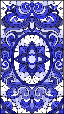 Soyut girdaplar ve açık bir arka plan, dikey yönelim, mavi sesi yaprakları ile vitray tarzı İllüstrasyon