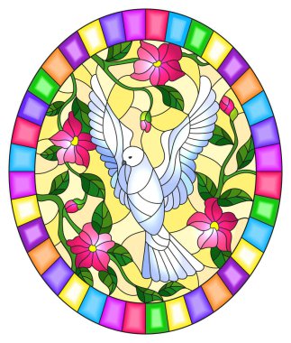Sarı arka plan üzerinde uçan beyaz güvercin ve pembe çiçekler ile vitray tarzı İllüstrasyon, parlak çerçeve oval resim