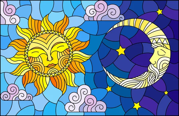 Illustration en vitrail, soleil abstrait et lune dans le ciel — Image vectorielle