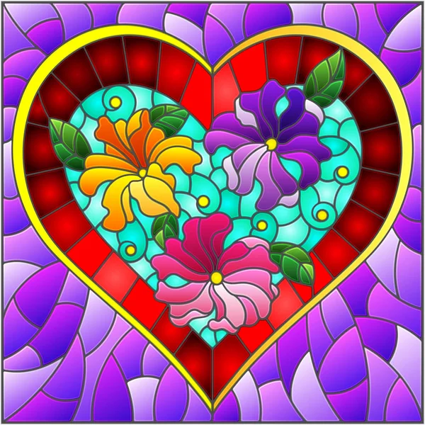 Illustration en style vitrail avec coeur rouge vif et fleurs sur fond violet — Image vectorielle