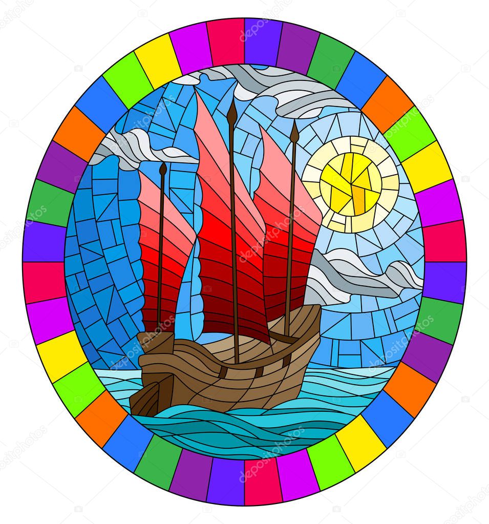 The Eastern ship with red sails on the background of sky, sun and ocean, round image in bright frame
