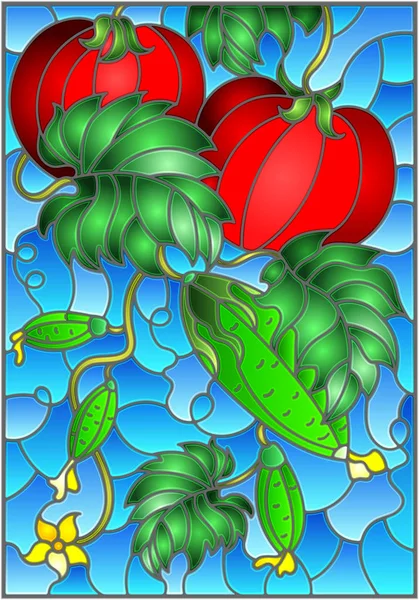 Ilustración en estilo vitral con composición vegetal, tomates maduros, pepinos y hojas sobre fondo azul — Archivo Imágenes Vectoriales