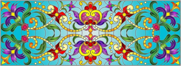 Ilustrasi dalam gaya kaca patri dengan pusaran abstrak, bunga dan daun pada latar belakang biru, orientasi horisontal - Stok Vektor