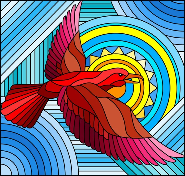 Illustration en style vitrail avec oiseau rouge géométrique abstrait sur fond bleu avec soleil — Image vectorielle