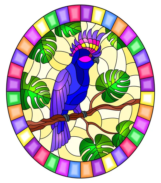 Ilustración en estilo vidriera pájaro azul cacatúa periquito en rama árbol tropical contra el cielo, imagen oval en marco brillante — Archivo Imágenes Vectoriales