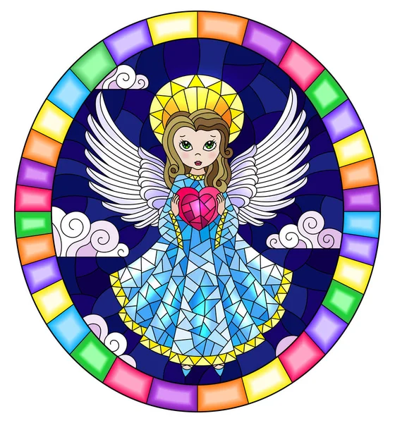 Illustration in stained glass style with cartoon  angel in bblue dress with heart in hands against the cloudy night sky,round image in bright frame — Stock Vector