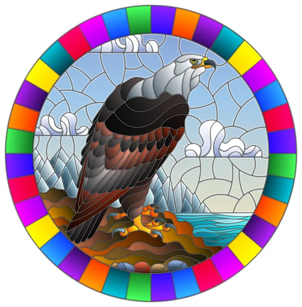 Ilustración en estilo vitral con águila abstracta sobre fondo paisajístico con montañas, mar y cielo, imagen ovalada en marco brillante — Archivo Imágenes Vectoriales