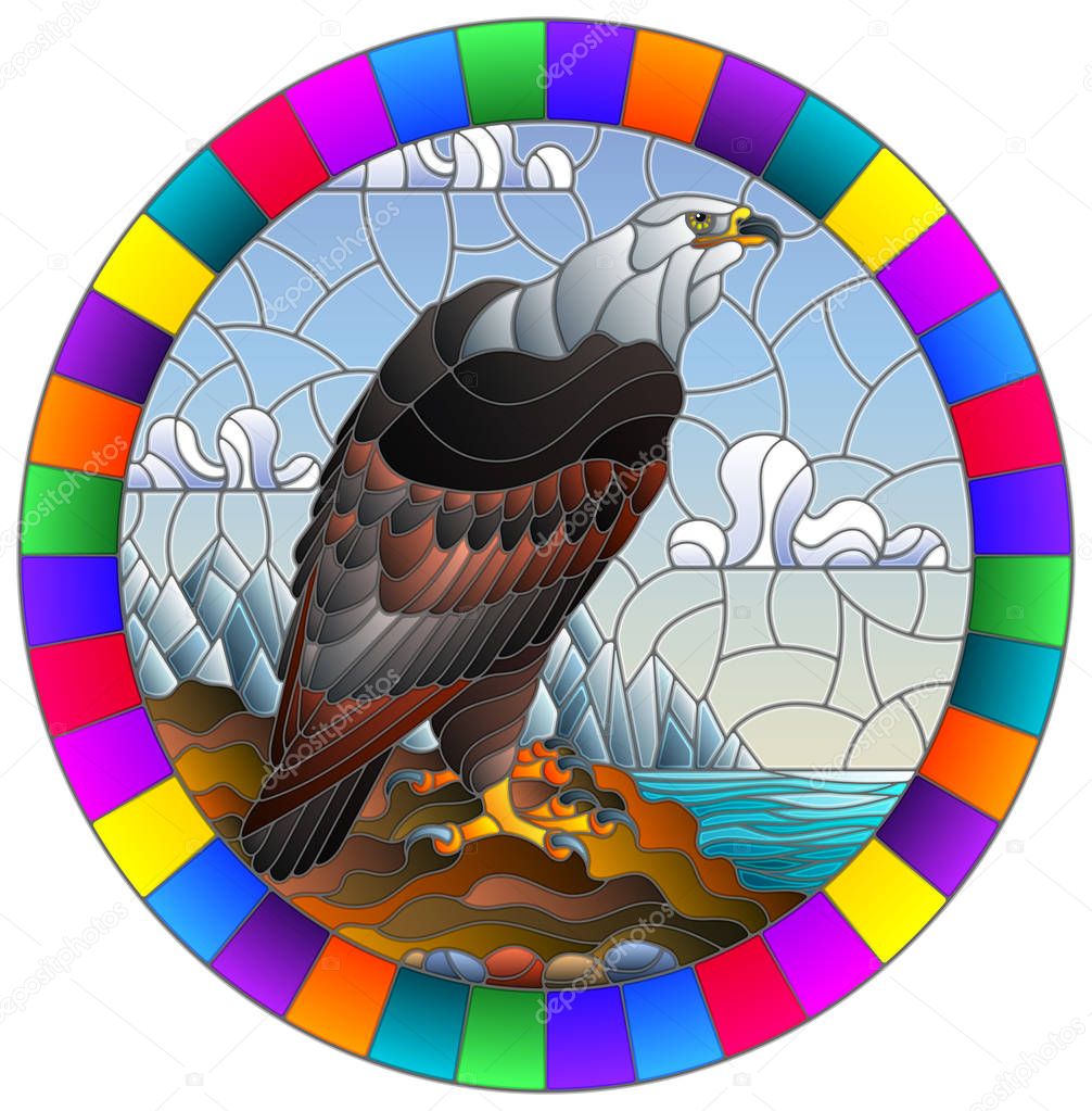 Illustration in stained glass style with abstract eagle on landscape background with mountains, sea and sky, oval image in bright frame