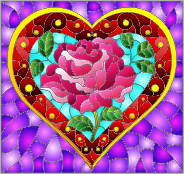 Illustration en style vitrail avec coeur rouge vif et fleur rose sur fond violet — Image vectorielle