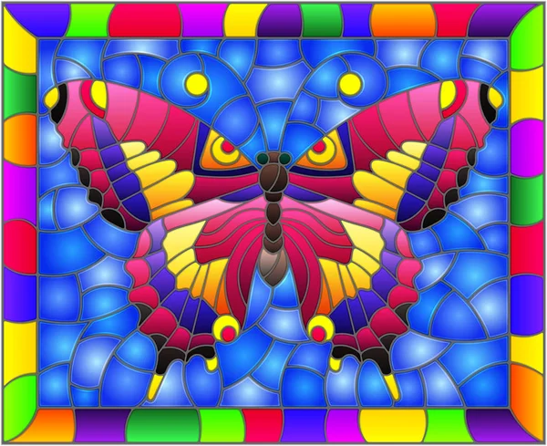 Ilustrace ve stylu barevného skla s jasně růžovým motýlem na modrém pozadí v jasném rámu — Stockový vektor