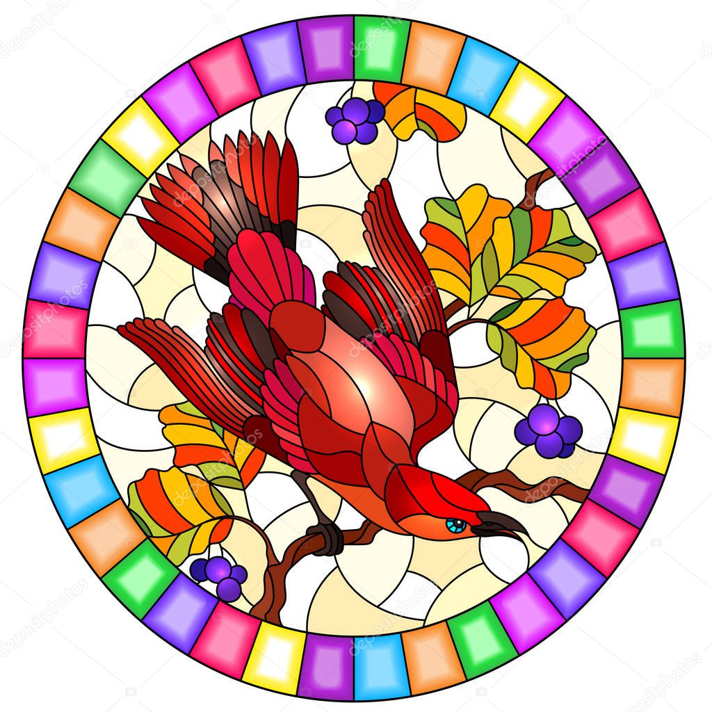 Illustration in the style of stained glass with a beautiful bright red  bird  on a  background of autumn branch of tree and sky,oval image in bright frame