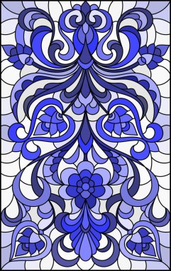 Soyut girdaplar ve açık bir arka plan, dikey yönelim, mavi sesi yaprakları ile vitray tarzı İllüstrasyon