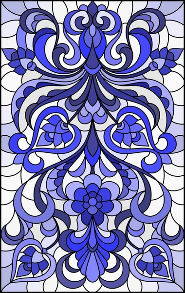 彩色玻璃风格的插图，抽象漩涡和叶子在浅色背景，垂直方向，蓝色色调 — 图库矢量图片