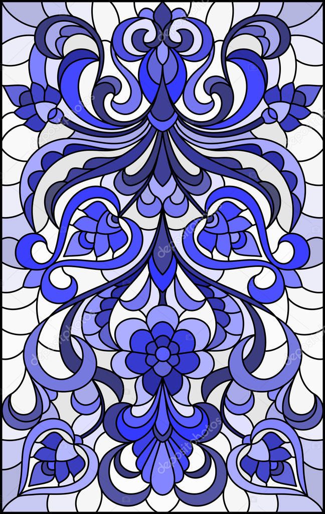 Illustration in stained glass style with abstract  swirls and leaves  on a light background,vertical orientation, blue tone
