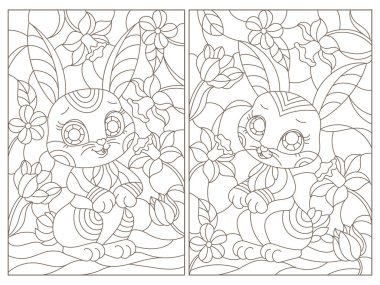 Çiçekler arka plan üzerinde sevimli karikatür tavşan ile vitray tarzı kontur çizimler seti, beyaz arka plan üzerinde koyu anahatlar