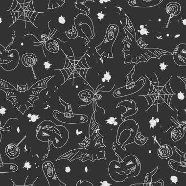 Cadılar Bayramı için dikişsiz desen, koyu arka plan üzerinde basit kontur çizimleri ve lekeler, çocuk çizimleri taklidi