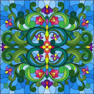 Vitray illüstrasyon soyut çiçek süslemeli çiçekler, yaprakları ve mavi arka plan, kare resim bukleler
