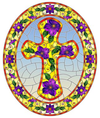 Mavi arka planda mor çiçekler ile süslenmiş Hıristiyan haç ile vitray tarzında Illustration, çiçek çerçevesi oval görüntü