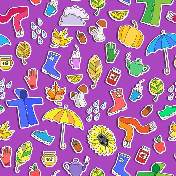 Patrón sin costuras en el tema de otoño, pegatinas de colores simples sobre fondo púrpura brillante — Vector de stock