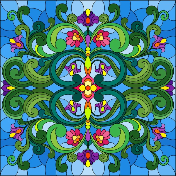 Ilustração em vitrais com ornamentos florais abstratos, flores, folhas e cachos sobre fundo azul, ilustração quadrada — Vetor de Stock