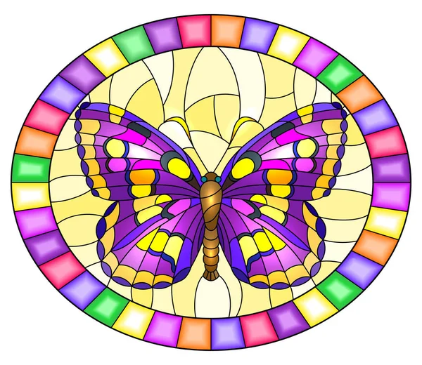 Ilustração em estilo vitral com borboleta roxa brilhante em um fundo amarelo, imagem oval em uma moldura brilhante — Vetor de Stock