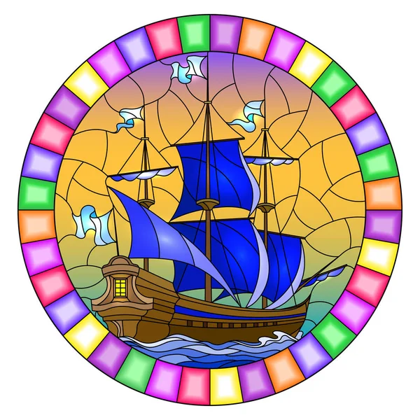 Иллюстрация в витражном стиле со старым кораблем, плывущим с голубыми парусами к морю, овальное изображение в яркой рамке — стоковый вектор