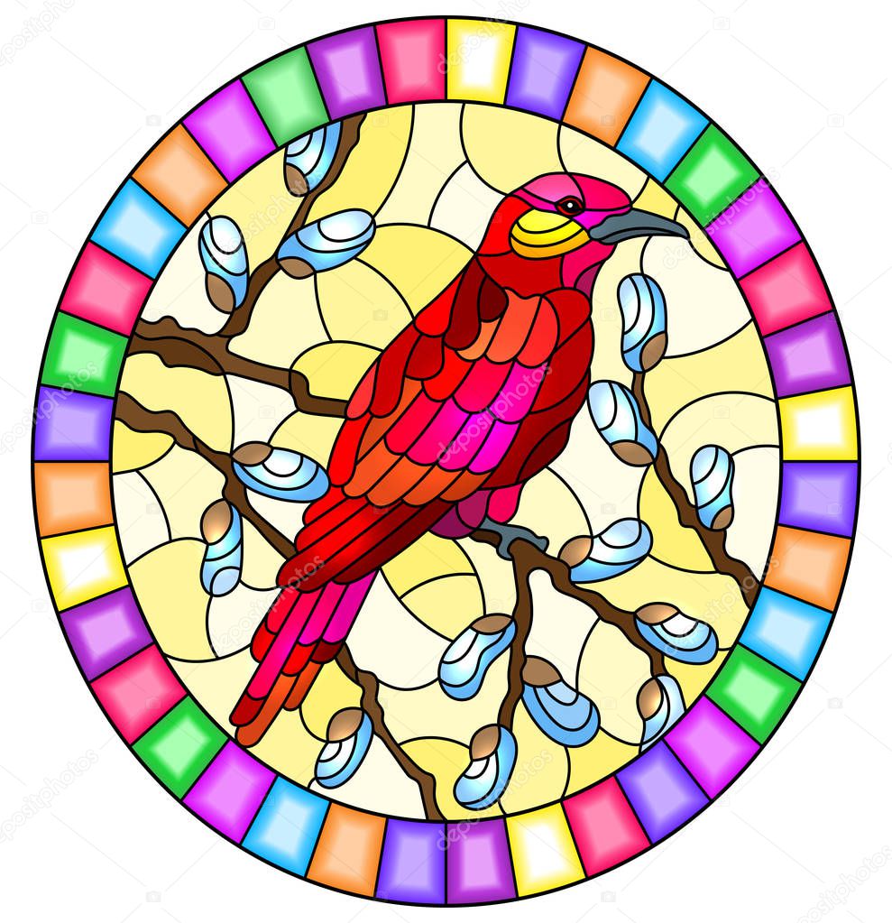 Illustration in stained glass style with a bright  red bird on willow branches ,oval image in bright frame