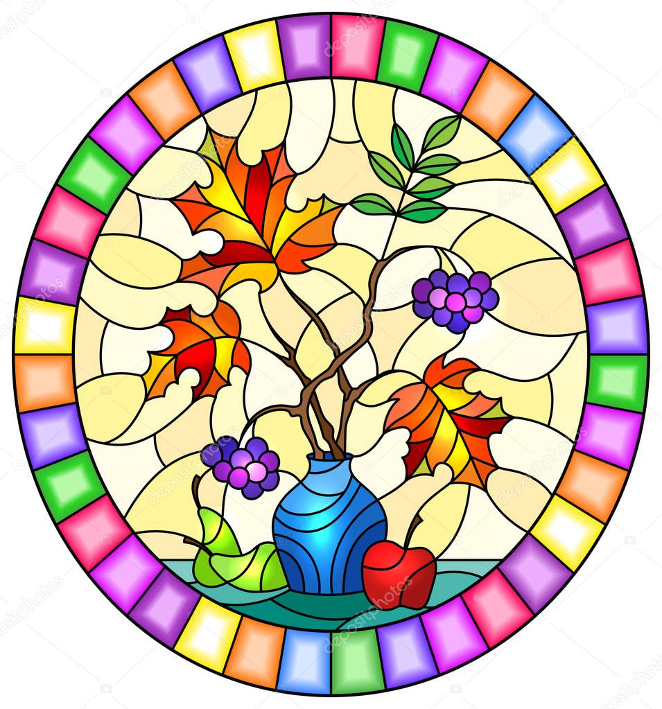 Illustration in stained glass style with still life, Bouquet of branches of black chokeberry in blue ceramic vase and  pears on a yellow background,oval image in bright frame