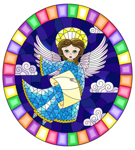 Illustratie in gebrandschilderd glas stijl met cartoon Angel in roze jurk met scroll in handen tegen de bewolkte nachtelijke hemel, — Stockvector