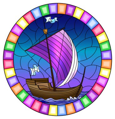Parlak bir çerçevede denize karşı mor yelkenlerle yelken eski bir gemi ile vitray tarzında Illustration, oval görüntü