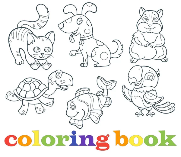 Evcil hayvanlı çizimler, beyaz arkaplanda koyu çizgiler, boyama kitabı — Stok Vektör
