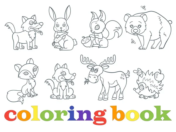 Set contourillustraties met bosdieren, donkere contouren op een witte achtergrond, kleurboek — Stockvector