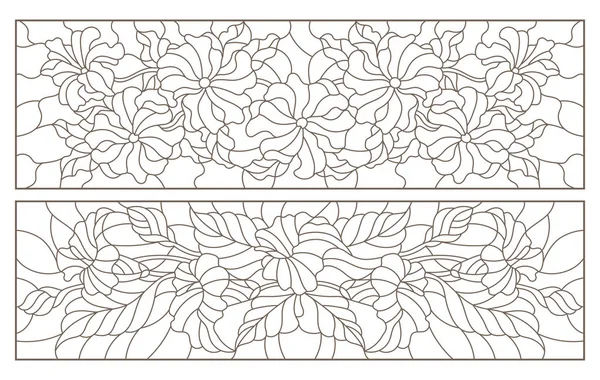 Série d'illustrations de contours en vitrail aux arrangements floraux, contours sombres sur fond blanc — Image vectorielle