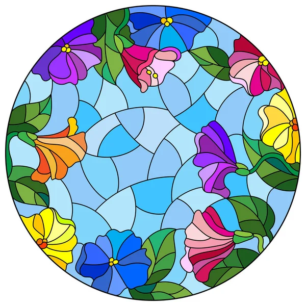 Illustration en style vitrail avec arrangement floral de fleurs, fleurs colorées et feuilles sur un fond bleu, image ronde — Image vectorielle