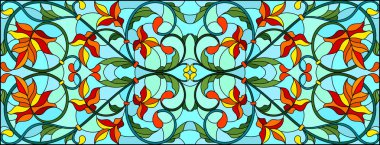 İllüstrasyon soyut swirls ve akçaağaç vitray tarzında bir gökyüzü arka plan üzerinde yatay yönlendirme bırakır