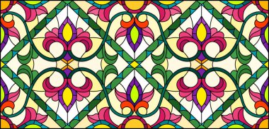 Soyut girdapları, çiçekleri ve yaprakları sarı arka planda, yatay yönelimli, boyalı cam tarzında resimleme