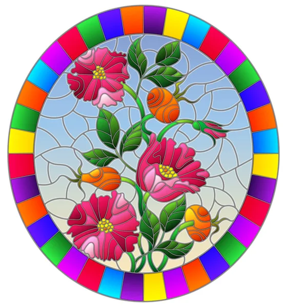 Εικόνα σε χρωματισμένο γυαλί στυλ με λουλούδια, μούρα και φύλλα από άγριο τριαντάφυλλο, οβάλ εικόνα σε φωτεινό πλαίσιο — Διανυσματικό Αρχείο