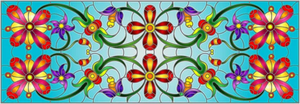 Illustratie in glas-in-lood stijl met abstracte wervelingen, bloemen en bladeren op een blauwe achtergrond, horizontale oriëntatie — Stockvector