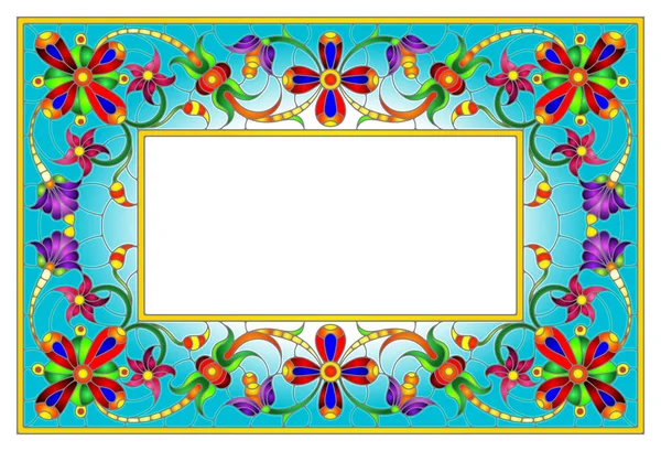 Illustration in stained glass style flower frame, bright flowers and  leaves in blue frame on a white background — Stock Vector