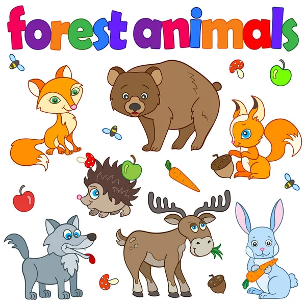 Orman hayvanları, beyaz arka plan üzerinde parlak hayvanlar ile r çizimler seti — Stok Vektör