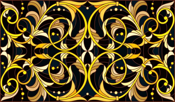 Illustration en vitrail avec ornement floral, imitation or sur fond sombre avec tourbillons et motifs floraux — Image vectorielle