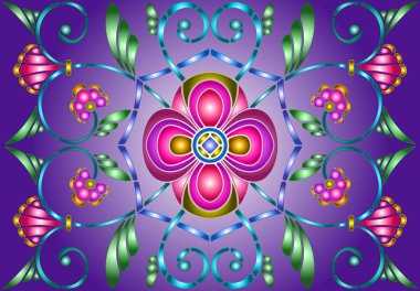 Mavi arka planda soyut girdaplar, çiçekler ve yapraklar ile boyalı cam tarzında resim, yatay yönelim