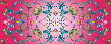 Soyut girdaplar, çiçekler ve pembe bir arka plan üzerinde yaprakları ile vitray tarzı İllüstrasyon, yatay yönelim