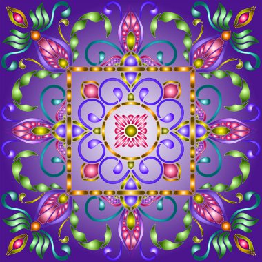 Soyut girdaplar, mavi bir arka plan, kare görüntü üzerinde çiçekler ve yapraklar ile vitray tarzı İllüstrasyon