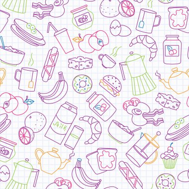 Gıda ve kahvaltı teması üzerinde Dikişsiz desen , basit kontur simgeleri, bir cag temiz yazma-kitap sayfası üzerinde renkli işaretleri ile boyanmış