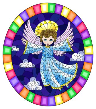 Bulutlu gökyüzüne karşı mavi elbiseli karikatür melek ile vitray tarzı İllüstrasyon, parlak çerçeve de yuvarlak görüntü