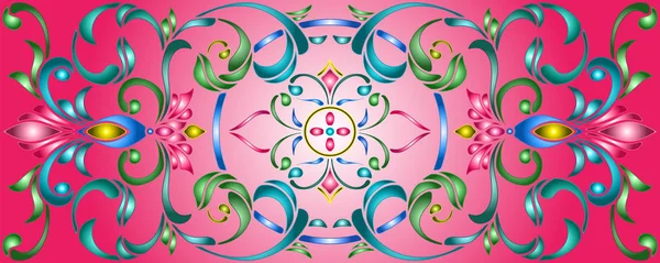 Ilustración en estilo vitral con remolinos abstractos, flores y hojas sobre fondo rosa, orientación horizontal — Vector de stock