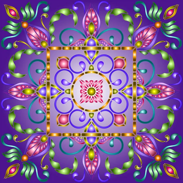 Illustration en vitrail avec tourbillons abstraits, fleurs et feuilles sur fond bleu, image carrée — Image vectorielle