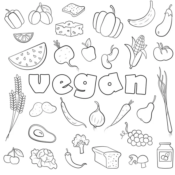 Un conjunto de iconos de contorno simple sobre el tema del vegetarianismo y la inscripción vegana sobre un fondo blanco — Vector de stock